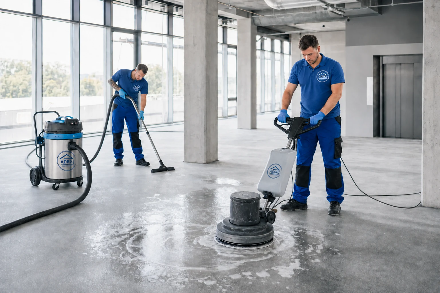 ADRG Team bei der Grundreinigung eines Industriefußbodens